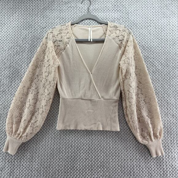 Anthropologie Sweater Womens XS Cream Rib Knit Lace Bishop Long Sleeve Surplice - Picture 2 of 15